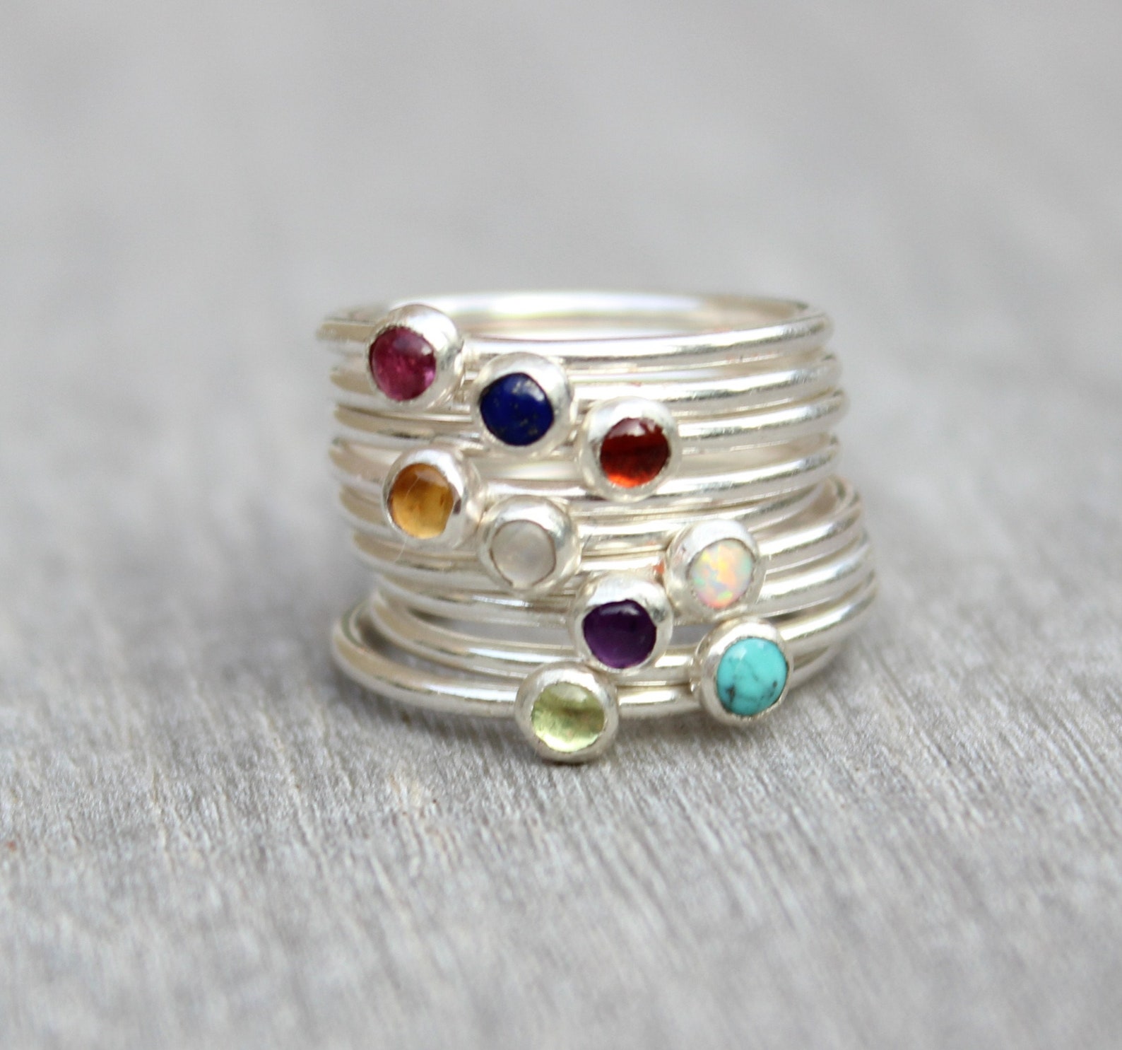 Sterling Silver Gemstone Rings // Stacking Rings // Birthstone - Etsy
