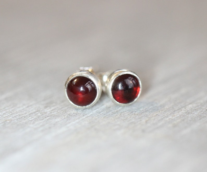 Silver Garnet Studs // Sterling Silver Garnet Stud Earrings // Genuine Garnet Earrings // 5mm Gemstone Cabochon Earrings January Birthstone image 1