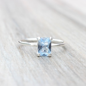 Aquamarine Ring // Aquamarine Cubic Zirconia Sterling Silver Emerald Cut Ring // 7x5mm Birthstone Stacking Ring // March Birthstone Ring image 5
