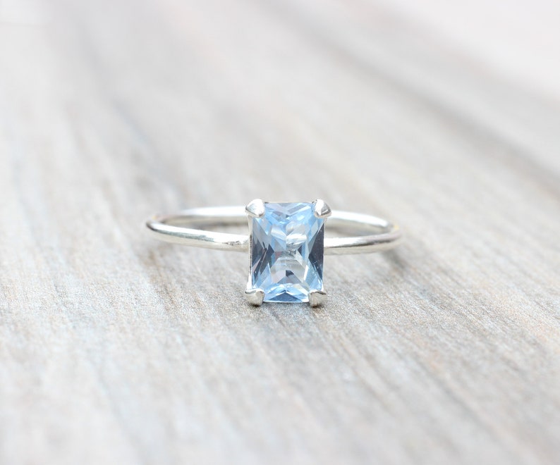 Aquamarine Ring // Aquamarine Cubic Zirconia Sterling Silver Emerald Cut Ring // 7x5mm Birthstone Stacking Ring // March Birthstone Ring image 5