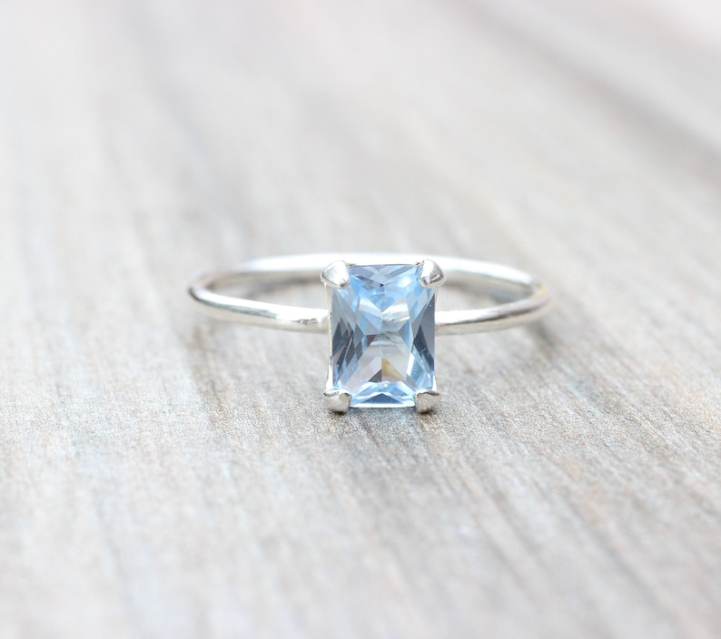 Aquamarine Ring // Aquamarine Cubic Zirconia Sterling Silver Emerald Cut Ring // 7x5mm Birthstone Stacking Ring // March Birthstone Ring image 1