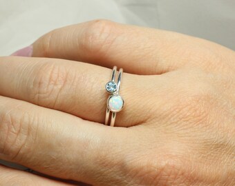 Lab Opal and Lab Blue Zircon Ring Set // Sterling Silver Two