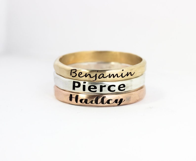 Stacking Name Rings // Sterling Silver, Gold, or Rose Gold Hammered Name Ring Personalized Ring Custom Name Ring Engraved Ring image 2