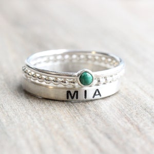 Sterling Silver Name Ring Gemstone // Name Ring Set with Malachite Stone // Personalized Ring with May Birthstone // Engraved Ring image 6