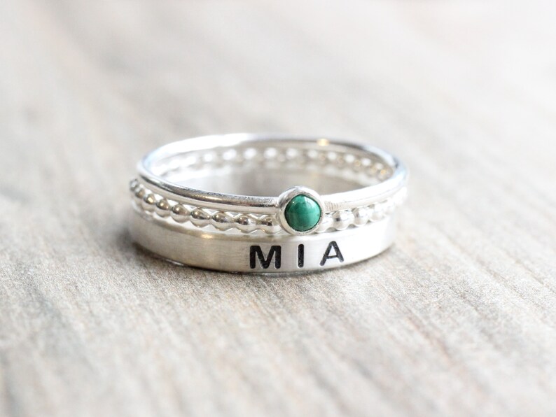 Sterling Silver Name Ring Gemstone // Name Ring Set with Malachite Stone // Personalized Ring with May Birthstone // Engraved Ring image 6