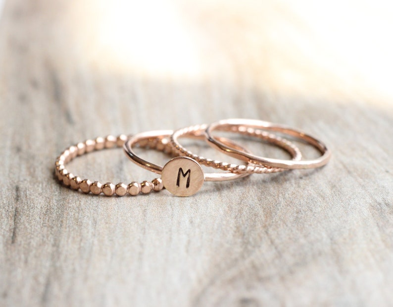 Rose Gold Initial Ring Set // Rose Gold Initial and Bead Ring Set // 14K Rose Gold Filled Stacking Rings image 5