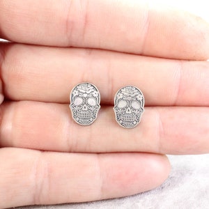 Sterling Silver Skull Stud Earrings // Sugar Skull Studs // Halloween Silver Studs image 5