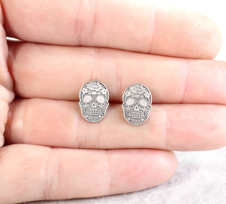 Sterling Silver Skull Stud Earrings // Sugar Skull Studs // Halloween Silver Studs image 5