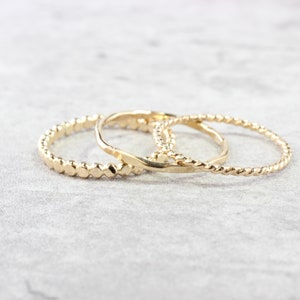 14K Gold Filled Stacking Rings // Set of 3 Simple Stacking Rings // Gold Rope Twist Bead Dot Hammered Ring // Spacer Rings image 2