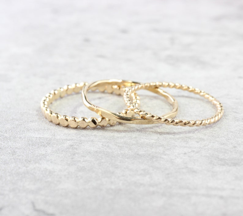 14K Gold Filled Stacking Rings // Set of 3 Simple Stacking Rings // Gold Rope Twist Bead Dot Hammered Ring // Spacer Rings image 2