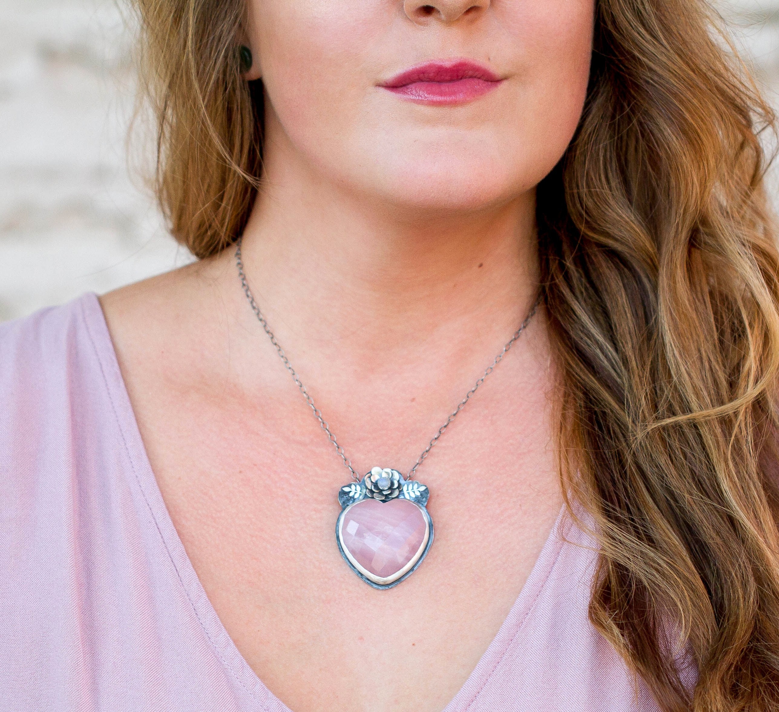 Rose Quartz Heart Necklace // Sterling Silver Faceted Rose Quartz