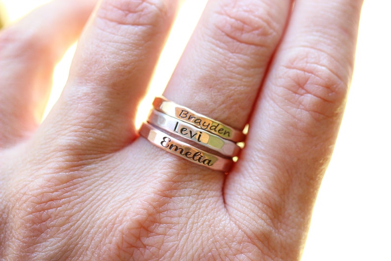 Stackable Engraved Rings // Sterling Silver, Gold, or Rose Gold Hammered Name Ring // Personalized Gift for Mom // Custom Mother's Day Gift image 2
