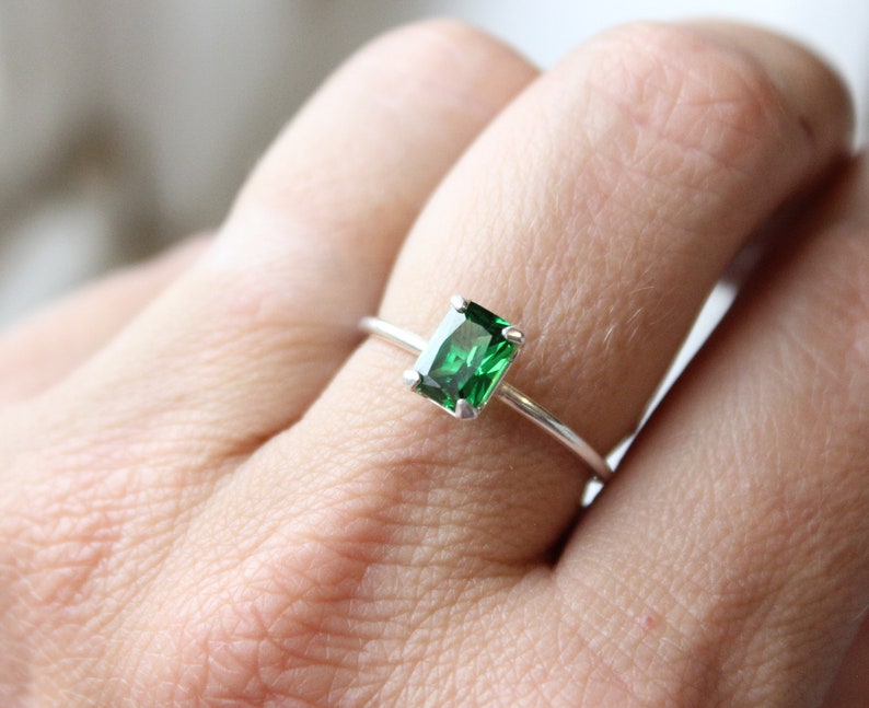 Sterling Silver Emerald Cut Emerald Ring // 7x5mm Emerald Cut Birthstone Stacking Ring // May Birthstone Ring // Simple Silver Ring image 8