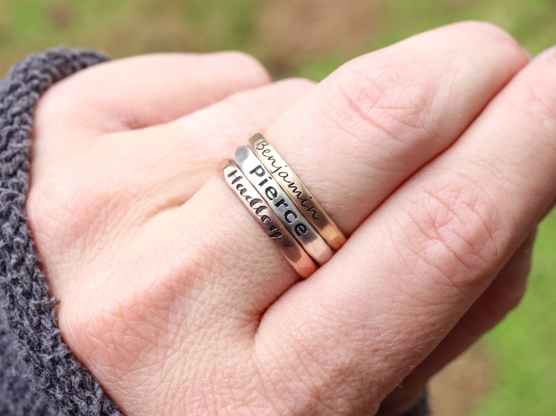 Stacking Name Rings // Sterling Silver, Gold, or Rose Gold Hammered Name Ring Personalized Ring Custom Name Ring Engraved Ring image 1