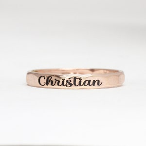 Stackable Engraved Rings // Sterling Silver, Gold, or Rose Gold Hammered Name Ring // Personalized Gift for Mom // Custom Mother's Day Gift Rose gold