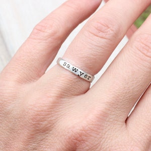 Stackable Engraved Rings // Sterling Silver, Gold, or Rose Gold Hammered Name Ring // Personalized Gift for Mom // Custom Mother's Day Gift Silver