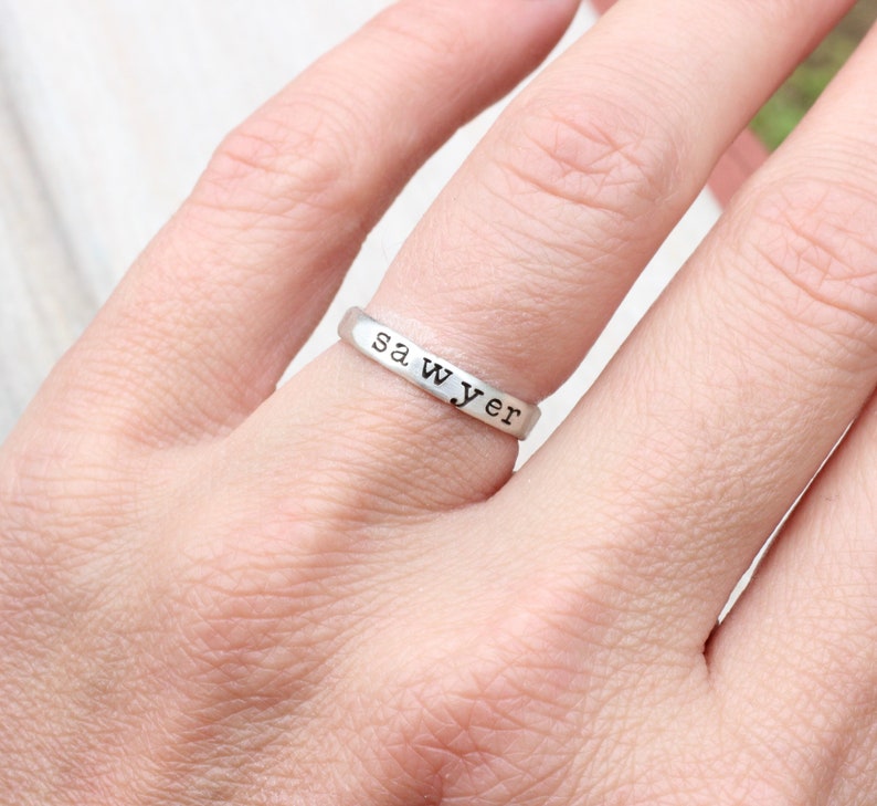 Stacking Name Rings // Sterling Silver, Gold, or Rose Gold Hammered Name Ring Personalized Ring Custom Name Ring Engraved Ring image 8