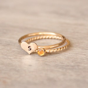 Gold Citrine Ring Set // 14k Yellow Gold Filled Heart Initial Ring // Personalized November Birthstone Ring // Gemstone Stacking Ring image 4