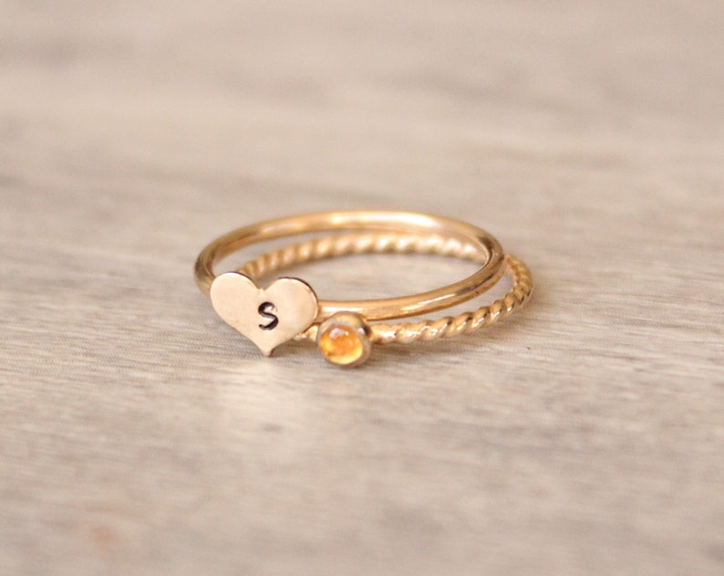 Gold Citrine Ring Set // 14k Yellow Gold Filled Heart Initial Ring // Personalized November Birthstone Ring // Gemstone Stacking Ring image 4