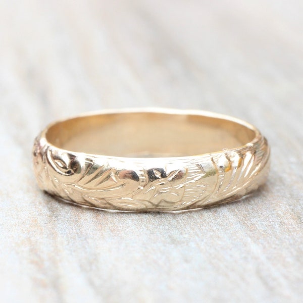 Gold Floral Patterned Band // Thick Stacking Ring // Wedding Band // 14k Yellow Gold Filled Band // His or Hers