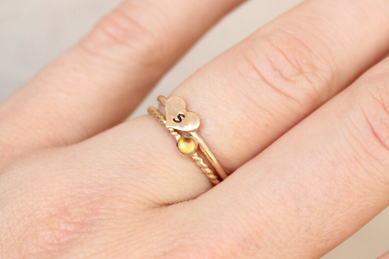 Gold Citrine Ring Set // 14k Yellow Gold Filled Heart Initial Ring // Personalized November Birthstone Ring // Gemstone Stacking Ring image 10