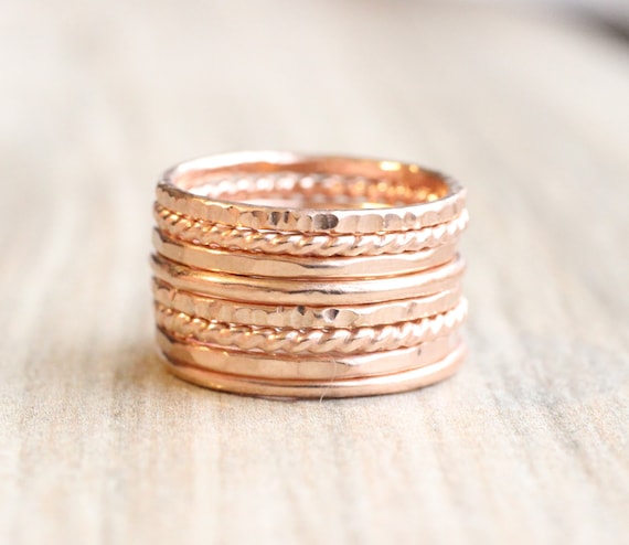 14K Rose Gold Filled Stacking Ring Set: Hammered, Twist & Smooth Bands