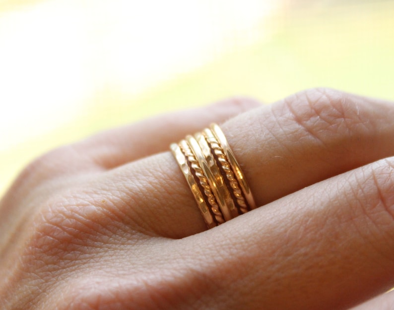 Gold Stacking Ring Set // Set of 6 Yellow Gold Stackable Rings // 14K Gold Filled Stackable Rings // Smooth, Twist, and Hammered Bands image 6