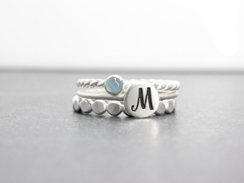 Sterling Silver Initial Ring with Aquamarine SCustom Initial Stacking Rings with March Birthstone Gemstone Personalized Ring Set zdjęcie 1