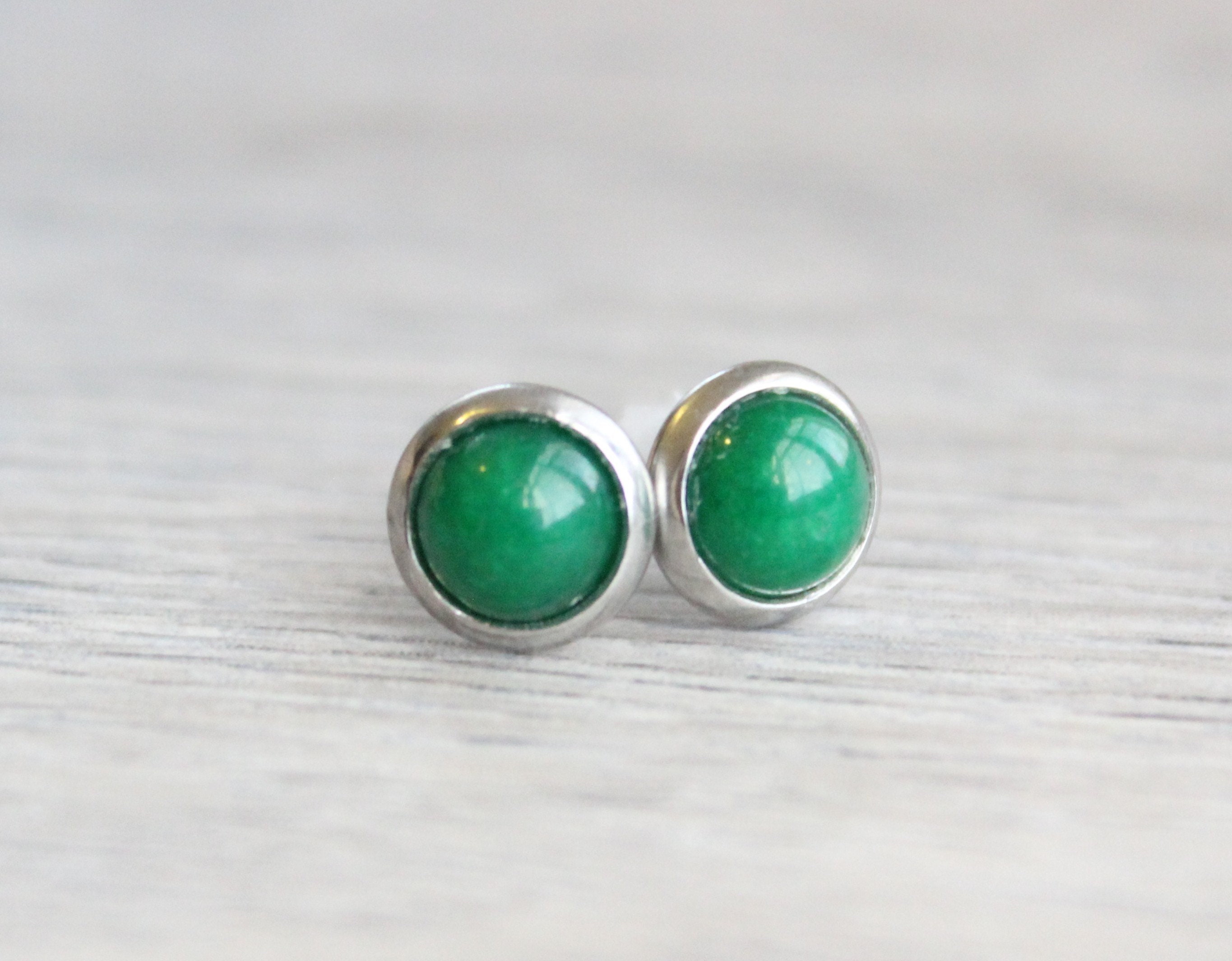 Silver Jade Studs // Stainless Steel Green Jade Earrings // Etsy