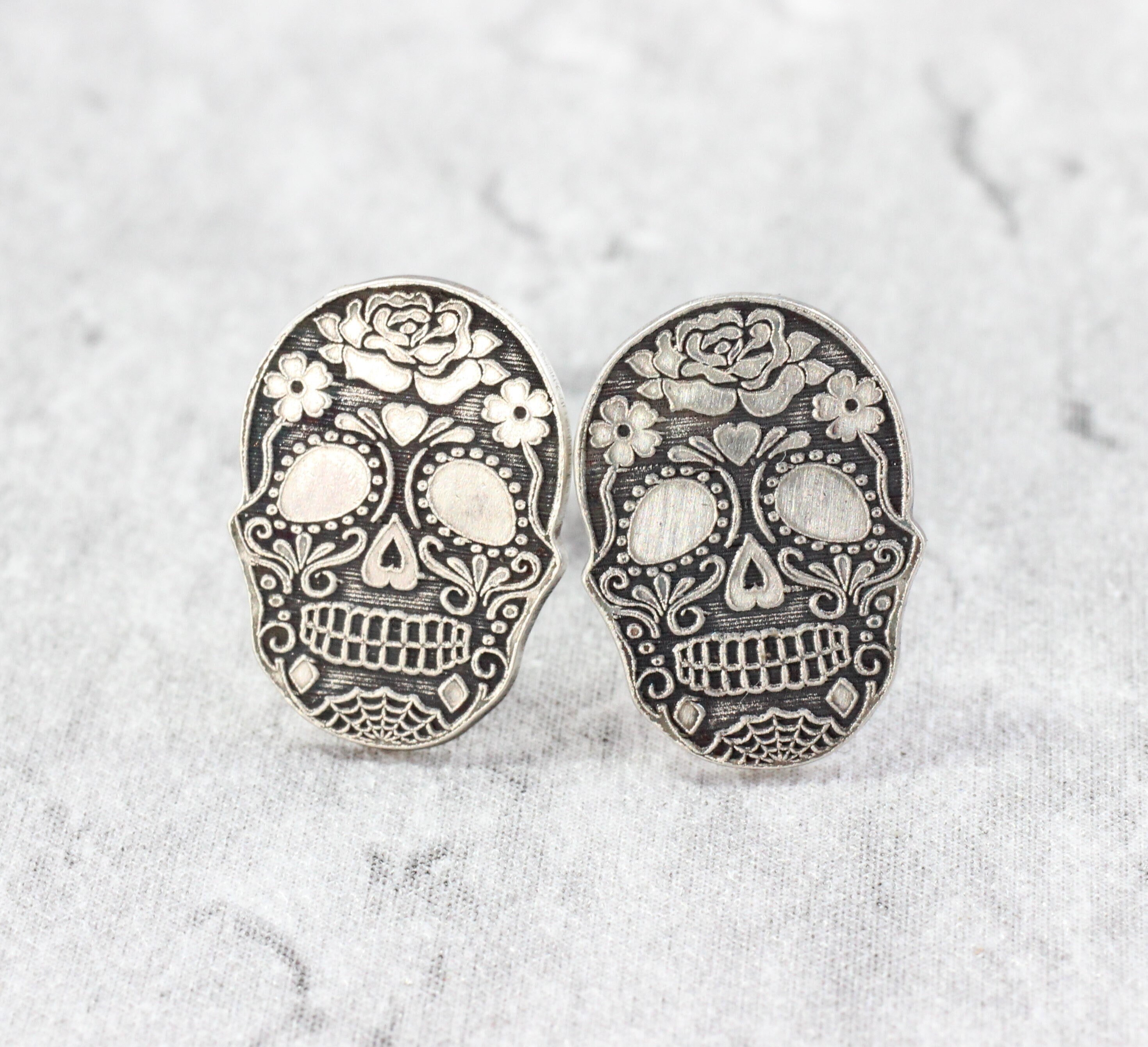 Sterling Silver Skull Stud Earrings // Sugar Skull Studs // Etsy