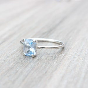 Aquamarine Ring // Aquamarine Cubic Zirconia Sterling Silver Emerald Cut Ring // 7x5mm Birthstone Stacking Ring // March Birthstone Ring image 8