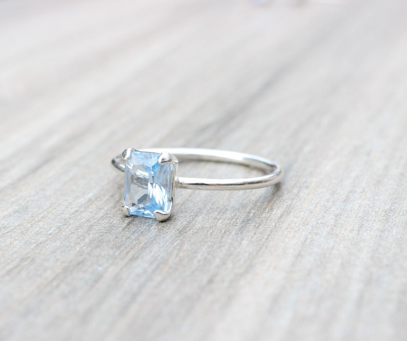 Aquamarine Ring // Aquamarine Cubic Zirconia Sterling Silver Emerald Cut Ring // 7x5mm Birthstone Stacking Ring // March Birthstone Ring image 8