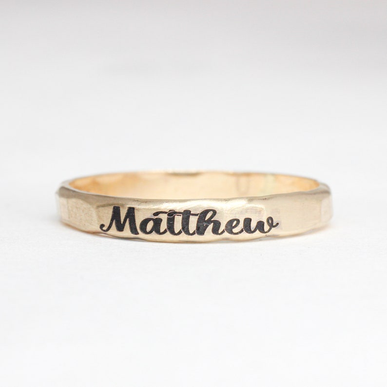 Stackable Engraved Rings // Sterling Silver, Gold, or Rose Gold Hammered Name Ring // Personalized Gift for Mom // Custom Mother's Day Gift Gold