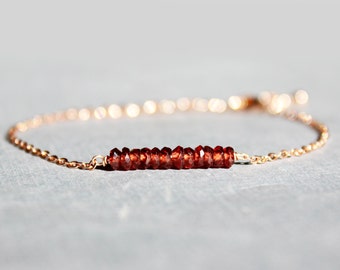 Rose Gold Garnet Beaded Bracelet - Minimalist Jewelry - January Birthstone Bead Bar Bracelet - Rose Gold Jewelry