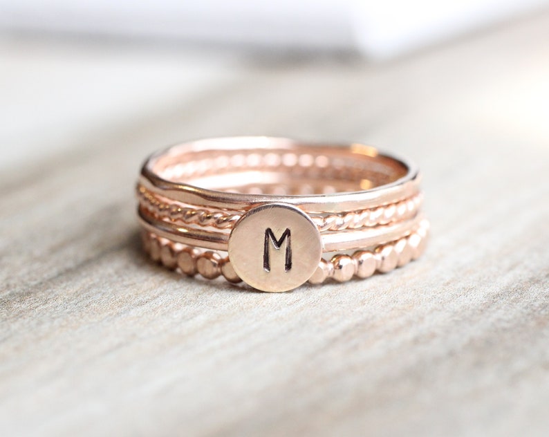 Rose Gold Initial Ring Set // Rose Gold Initial and Bead Ring Set // 14K Rose Gold Filled Stacking Rings image 1