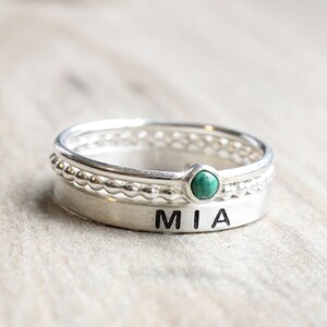 Sterling Silver Name Ring Gemstone // Name Ring Set with Malachite Stone // Personalized Ring with May Birthstone // Engraved Ring image 8