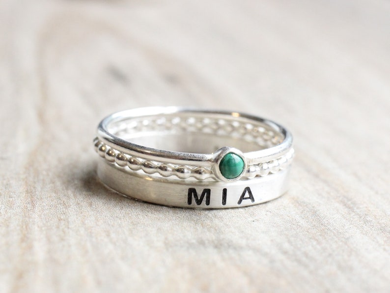 Sterling Silver Name Ring Gemstone // Name Ring Set with Malachite Stone // Personalized Ring with May Birthstone // Engraved Ring image 8