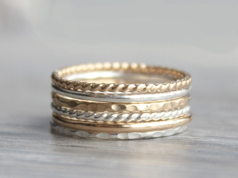 Stacking Ring Set // Set of 6 Gold and Silver Stackable Rings // Sterling Silver and 14K Gold Filled Stackable Rings // Mixed Metals image 1
