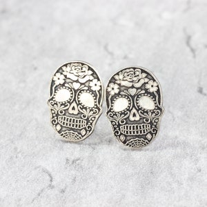 Sterling Silver Skull Stud Earrings // Sugar Skull Studs // Halloween Silver Studs image 2