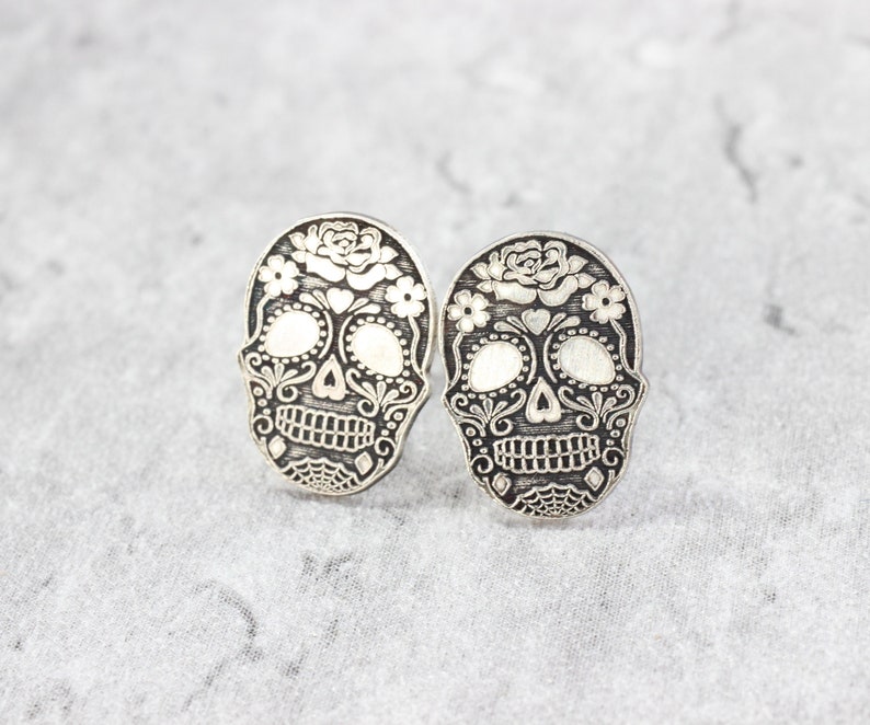 Sterling Silver Skull Stud Earrings // Sugar Skull Studs // Halloween Silver Studs image 2