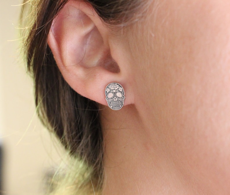 Sterling Silver Skull Stud Earrings // Sugar Skull Studs // Halloween Silver Studs image 7