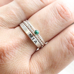 Sterling Silver Name Ring Gemstone // Name Ring Set with Malachite Stone // Personalized Ring with May Birthstone // Engraved Ring image 5