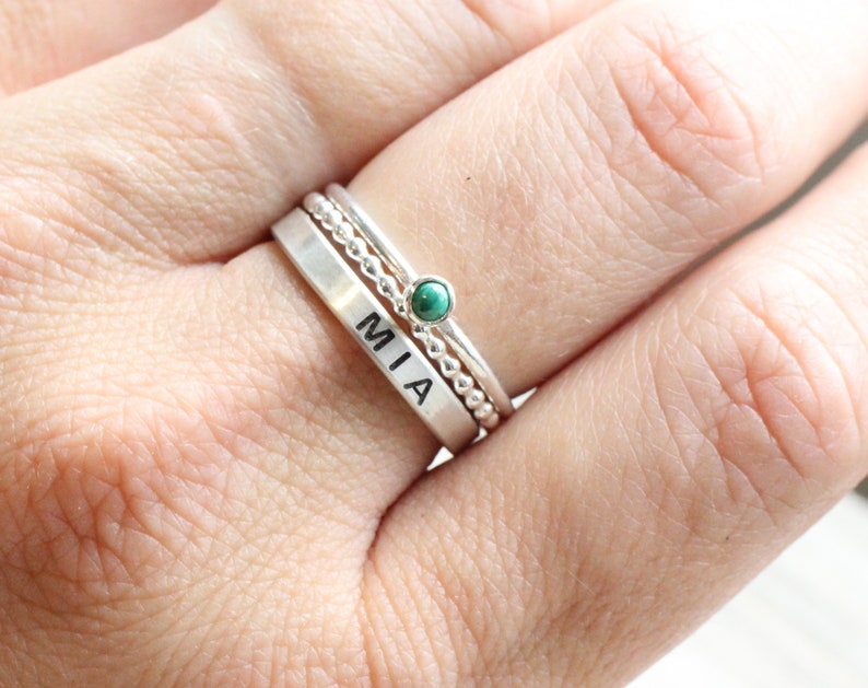 Sterling Silver Name Ring Gemstone // Name Ring Set with Malachite Stone // Personalized Ring with May Birthstone // Engraved Ring image 5