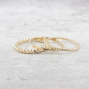 14K Gold Filled Stacking Rings // Set of 3 Simple Stacking Rings // Gold Rope Twist Bead Dot Hammered Ring // Spacer Rings image 4