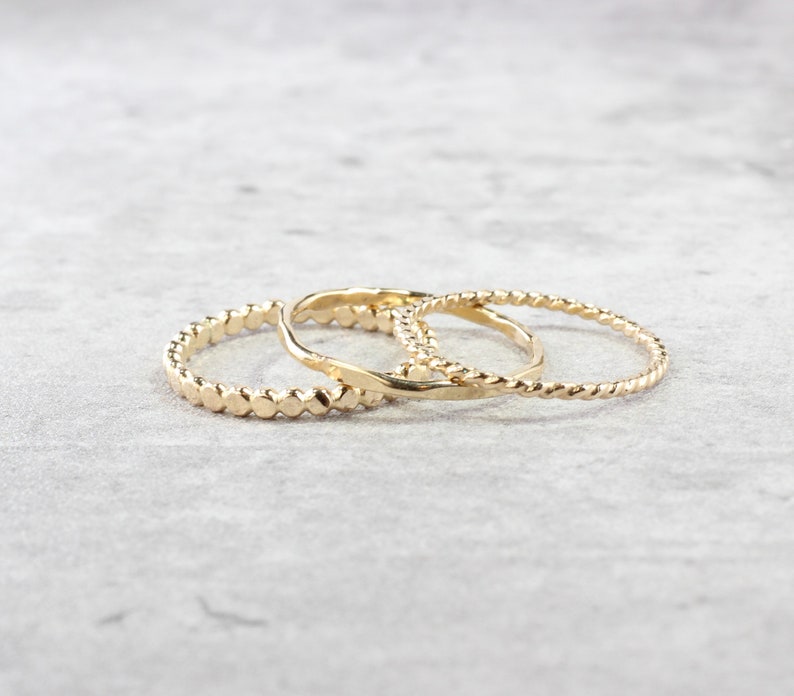 14K Gold Filled Stacking Rings // Set of 3 Simple Stacking Rings // Gold Rope Twist Bead Dot Hammered Ring // Spacer Rings image 4