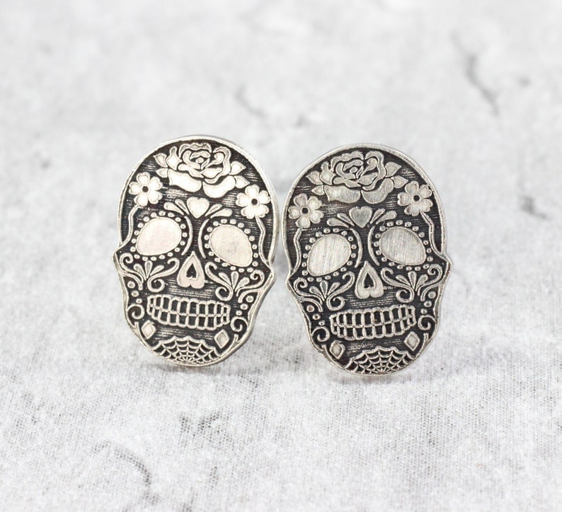 Sterling Silver Skull Stud Earrings // Sugar Skull Studs // Halloween Silver Studs image 1