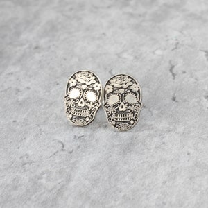 Sterling Silver Skull Stud Earrings // Sugar Skull Studs // Halloween Silver Studs image 3