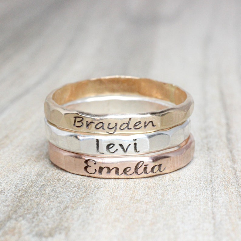 Stackable Engraved Rings // Sterling Silver, Gold, or Rose Gold Hammered Name Ring // Personalized Gift for Mom // Custom Mother's Day Gift Silver Rose and Gold
