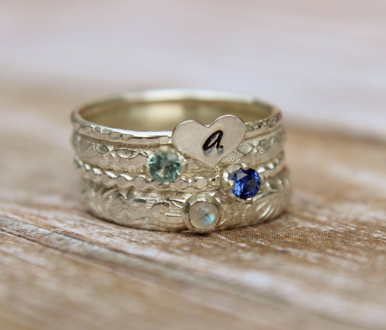 Set of 4 Gemstone Family Stacking Ring Set Sterling Silver Birthstone and Initial Stacking Rings Personalized Letter Stacking Rings