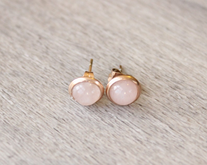 Rose Gold Rose Quartz Earrings // Rose Quartz Stud Earrings // 6mm Rose Quartz Cabochon Earrings // Rose Gold Plated Gemstone Studs image 3